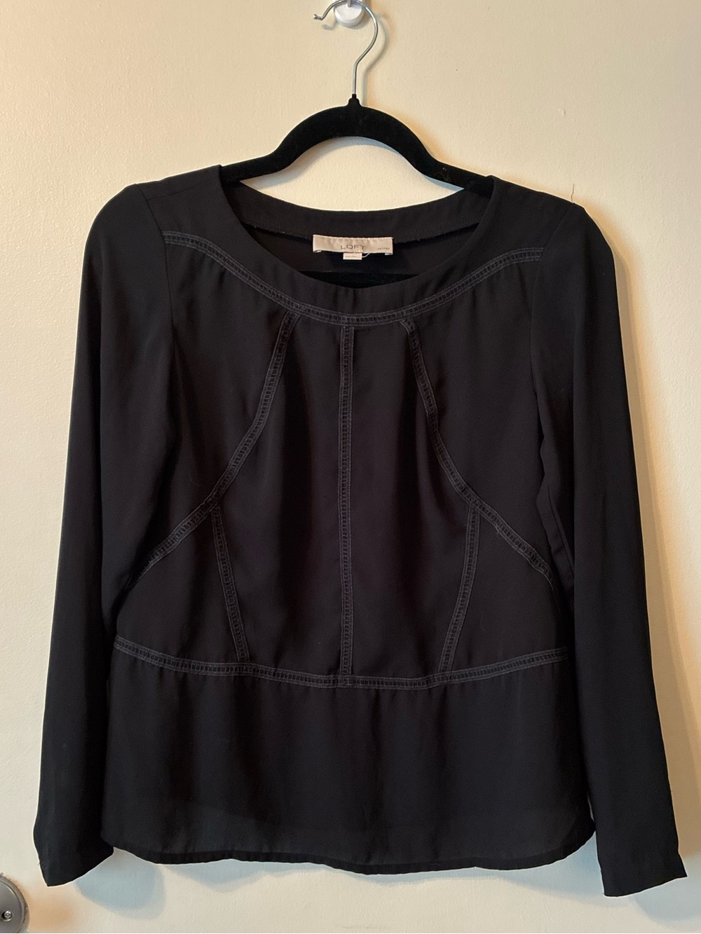 LOFT Sheer Black Long-Sleeve Panel-Detail Blouse Chiffon Contrast Stitch XSP